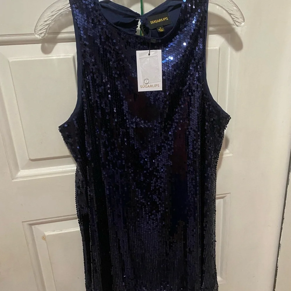 “Party Dress” Sequins Shimmering Midnight Blue Mini Dress by Sugarlips - Picture 6 of 11
